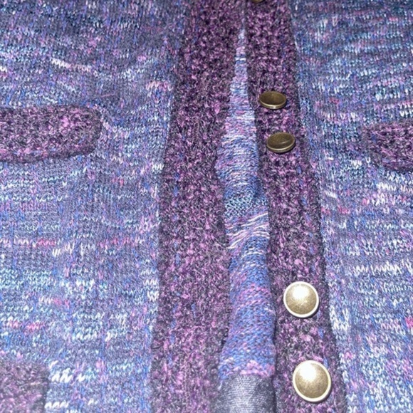 Free People Sweater Cardigan Size Med Tweed Trim Knit Purple Cotton Silk Angora - Picture 9 of 11